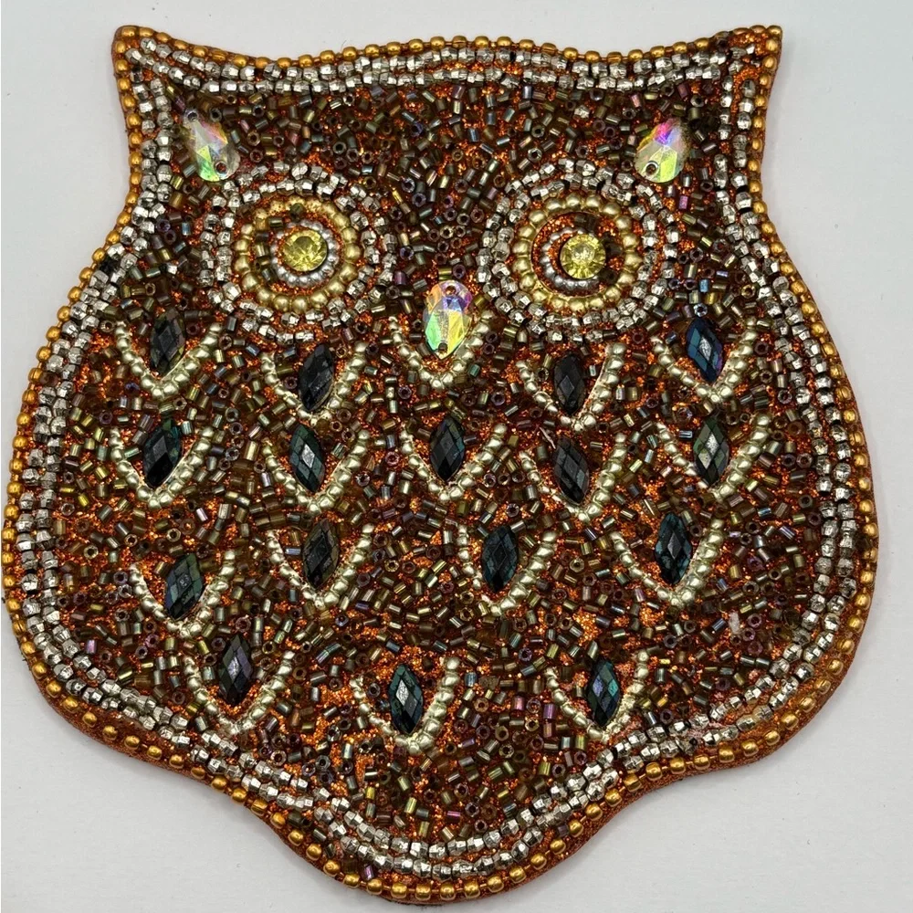 Pier 1 Beaded Jewel Tone Owl Coaster Set 4 Whimsy Owls Retired